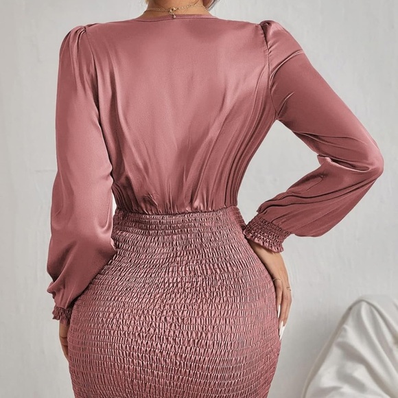 NWOT RARE Karlie Smocked Satin Ruffled Mini Dress in Muave Size S - Picture 2 of 11